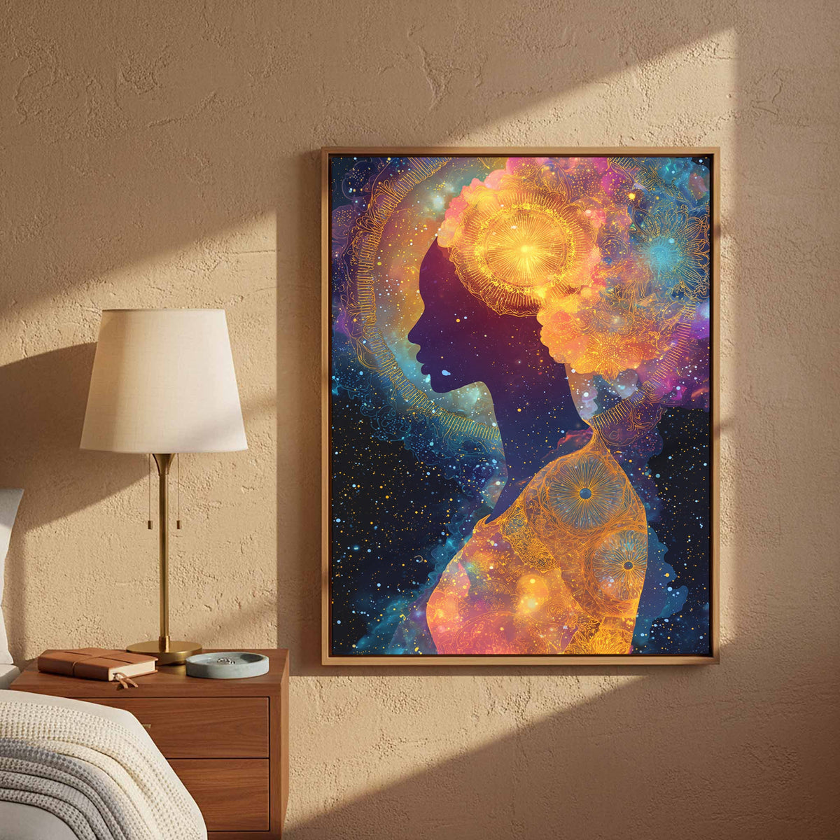 Carrying the Sky, a celestial portrait print, framed beside a reading lamp