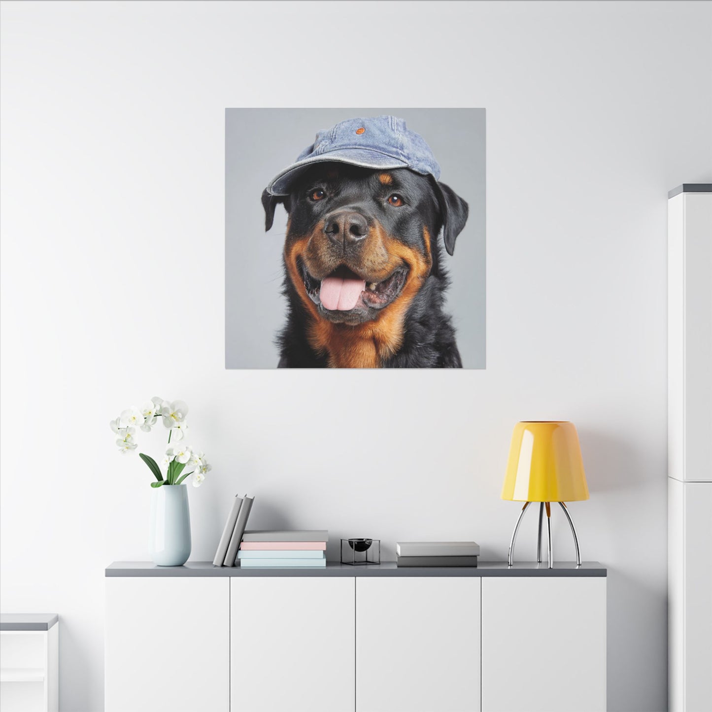 Playful Rottweiler Portrait | Dog Art in Denim Cap