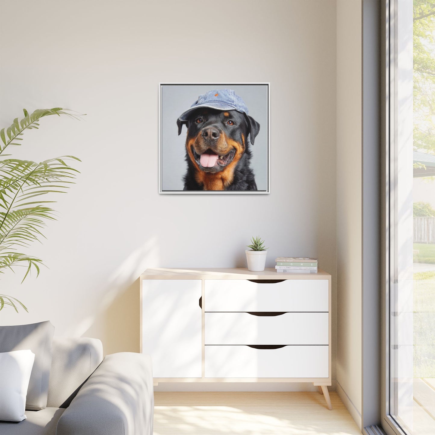 Playful Rottweiler Portrait | Dog Art in Denim Cap