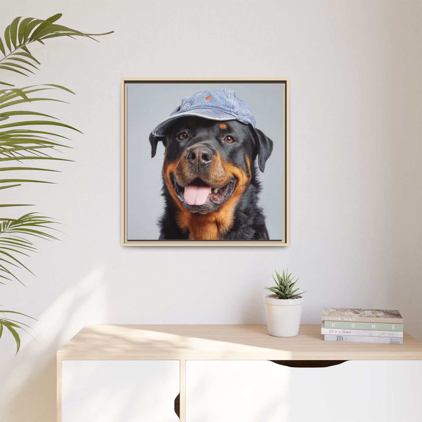 Playful Rottweiler Portrait | Dog Art in Denim Cap