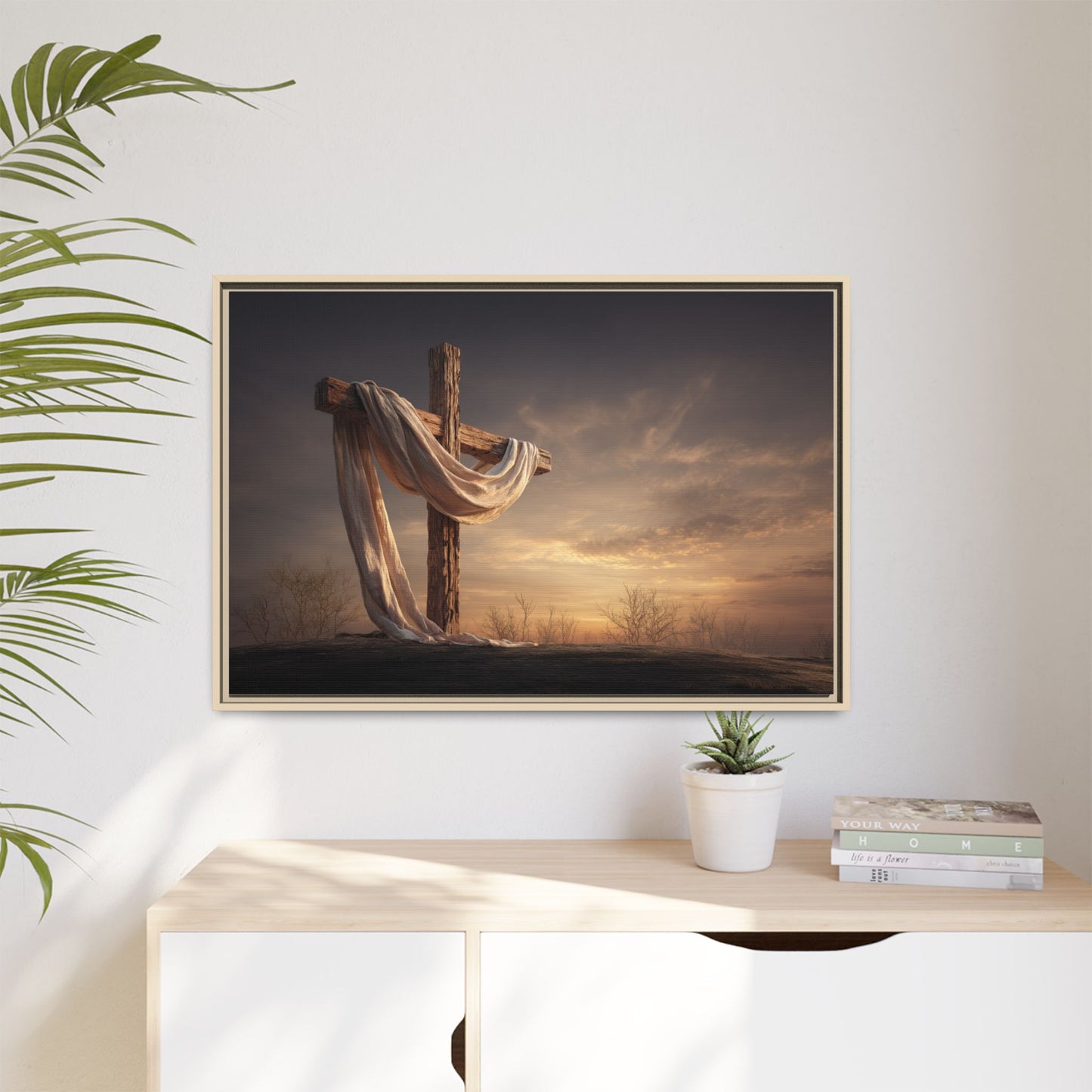 Rustic Cross Wall Art with Draped Fabric | Inspirational Decor