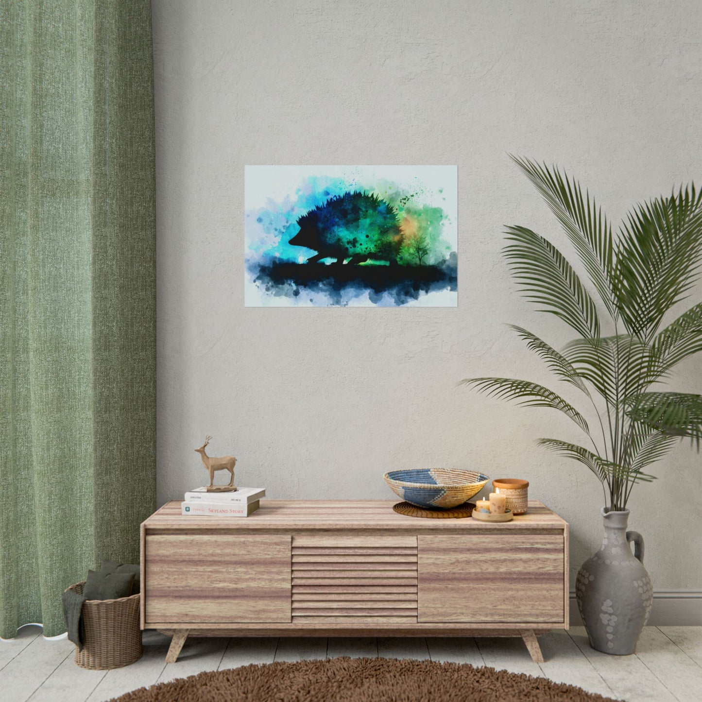 Hedgehog Silhouette Watercolor Art | Nature-Inspired Home Decor