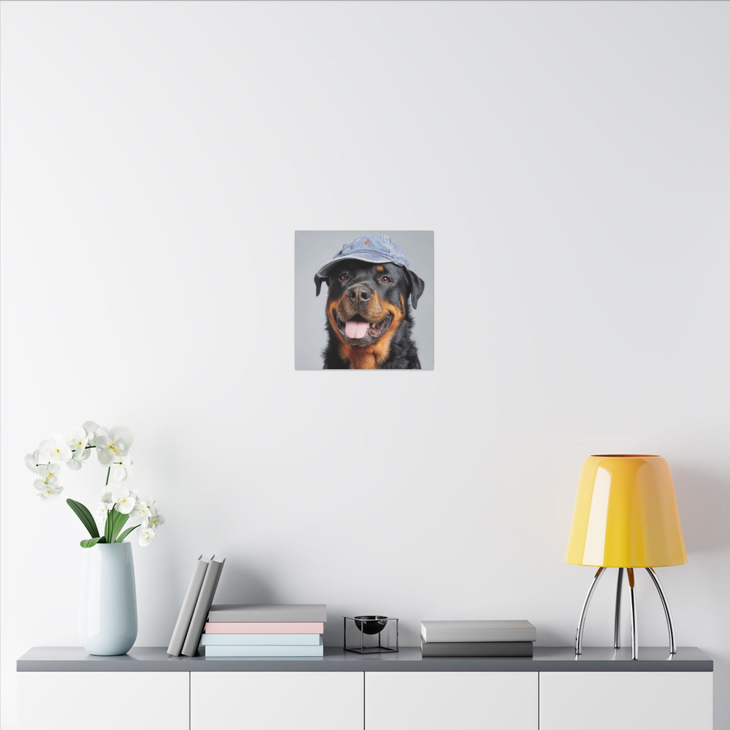 Playful Rottweiler Portrait | Dog Art in Denim Cap