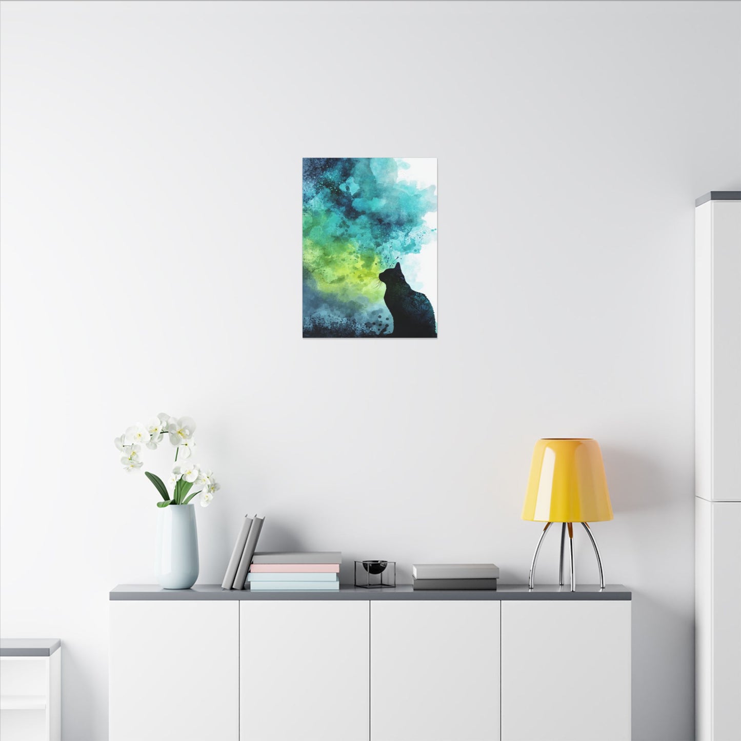 Whimsical Cat Silhouette Watercolor Artwork