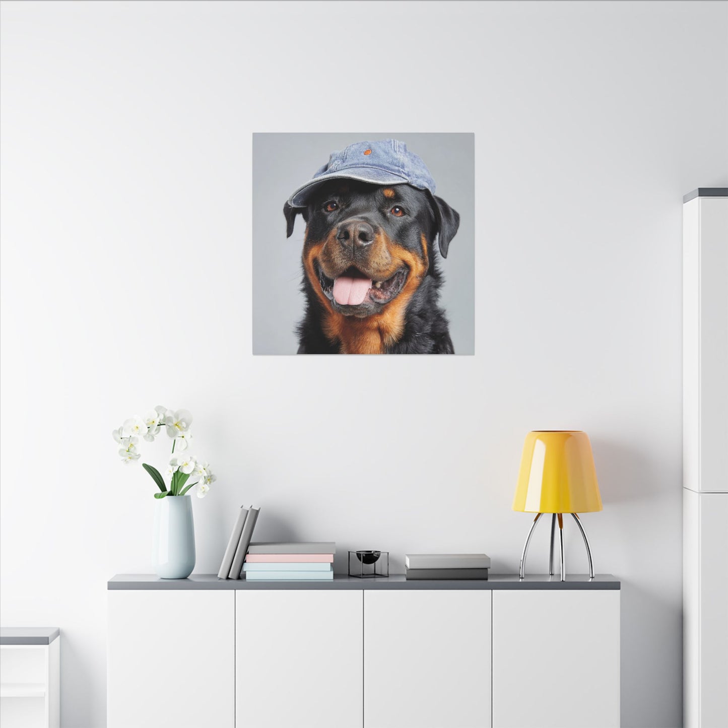 Whimsical Rottweiler Art - Denim Hat Dog Portrait