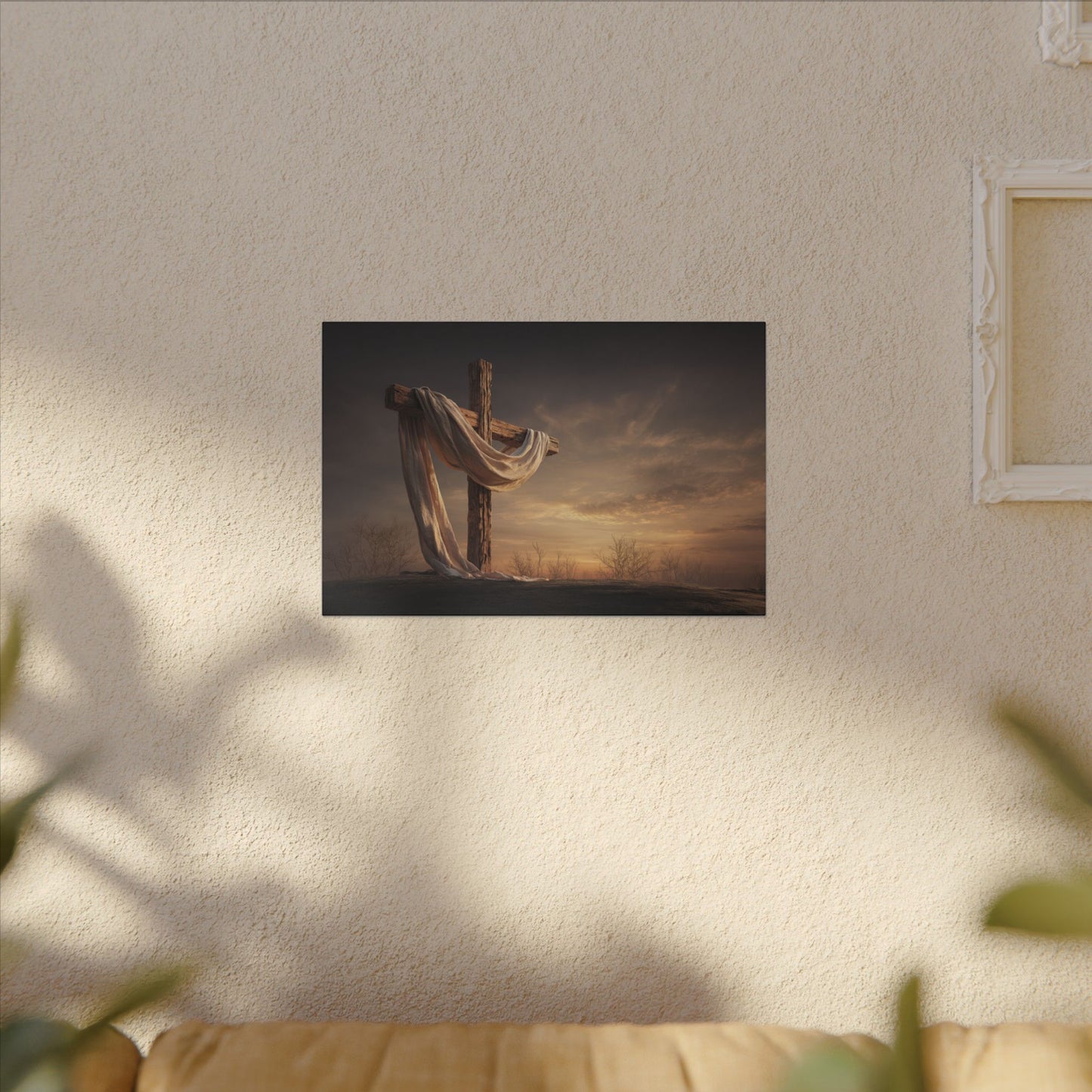 Rustic Cross Wall Art with Draped Fabric | Inspirational Decor
