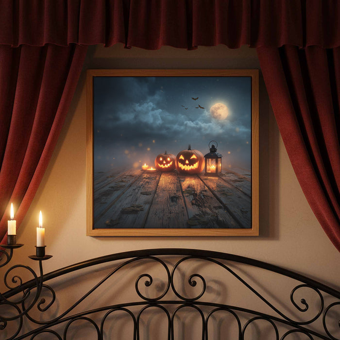 Keeping Watch, a jack-o’-lantern print, framed in a candlelit room
