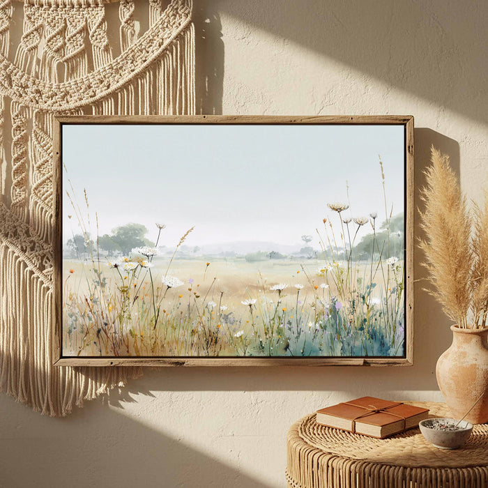 Nothing Pressing, a watercolor meadow in a natural wood frame