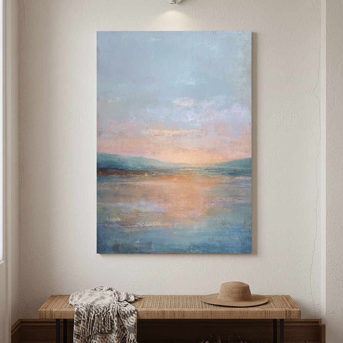 Modern & Surreal — abstract sunset landscape canvas art soft blue peach wall print