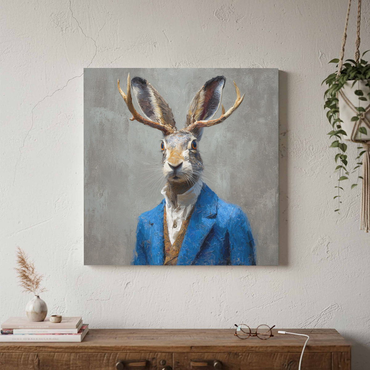Canvas Prints — anthropomorphic rabbit canvas art funny animal in a blue suit portrait print