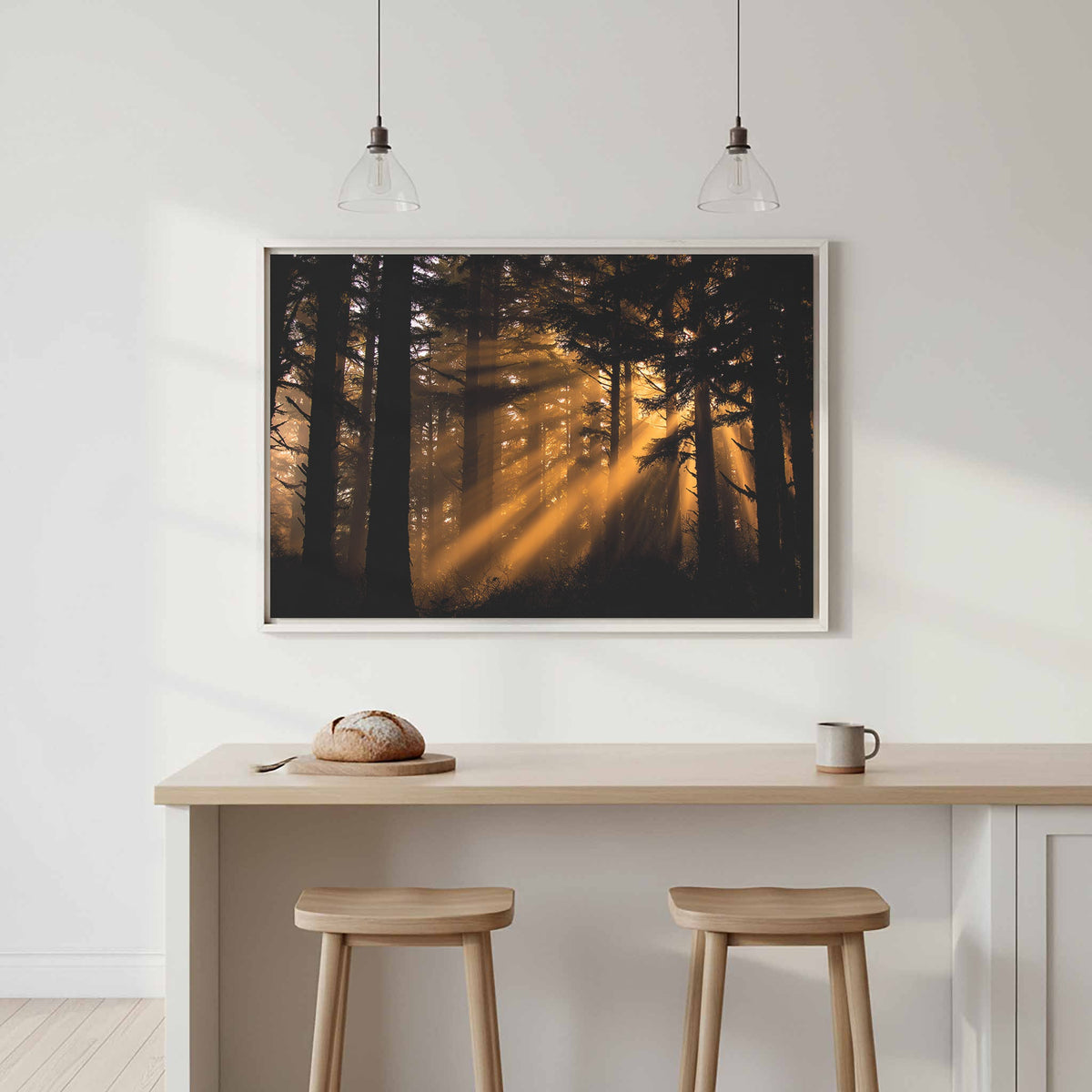 For the Bedroom — forest sunbeams canvas print golden light nature wall art