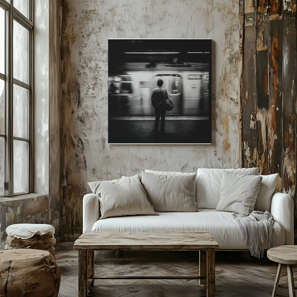 Black &amp; White NYC Subway Wall Art – styled room view 6