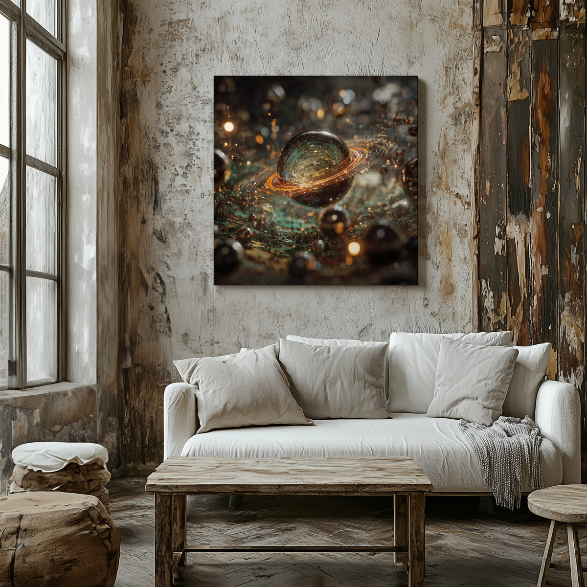 Abstract Saturn Planet Canvas Art – styled room view 6