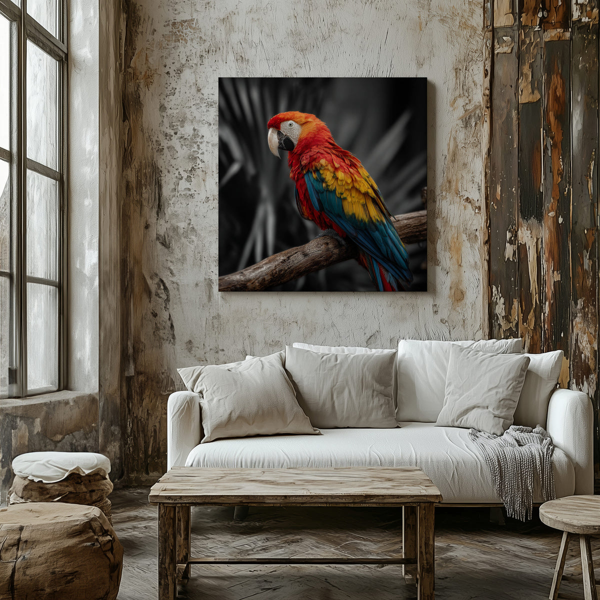 Scarlet Macaw Parrot Canvas Wall Art – styled room view 6