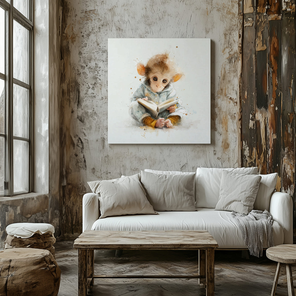 Baby Monkey Reading Wall Art – styled room view 6