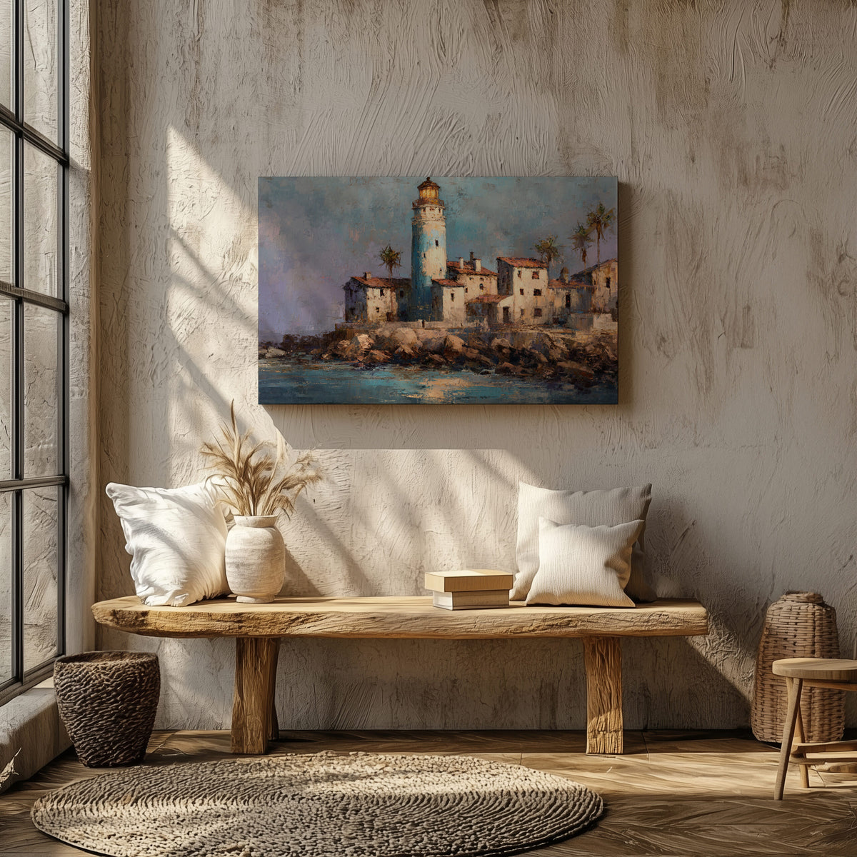 Santa Marta Lighthouse Oil Painting – styled room view 6