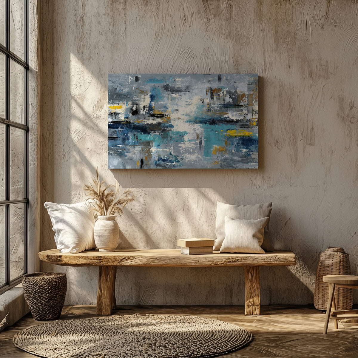 Abstract Blue Gray Canvas Wall Art – styled room view 5