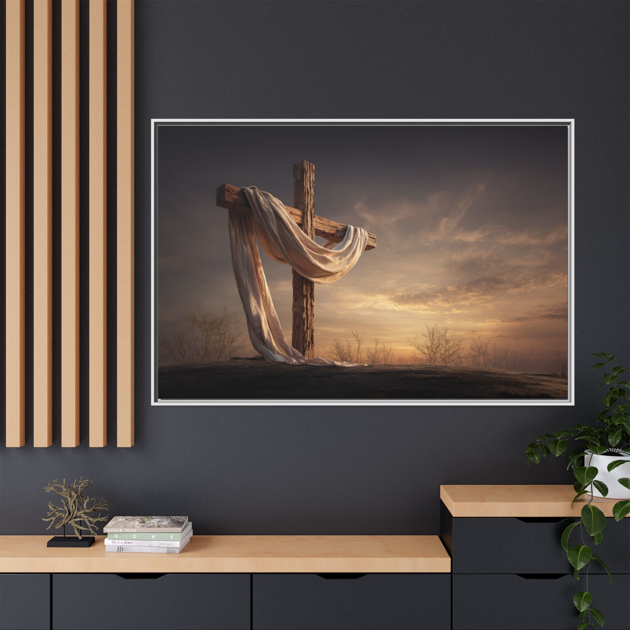 Rustic Cross Wall Art with Draped Fabric | Inspirational Decor