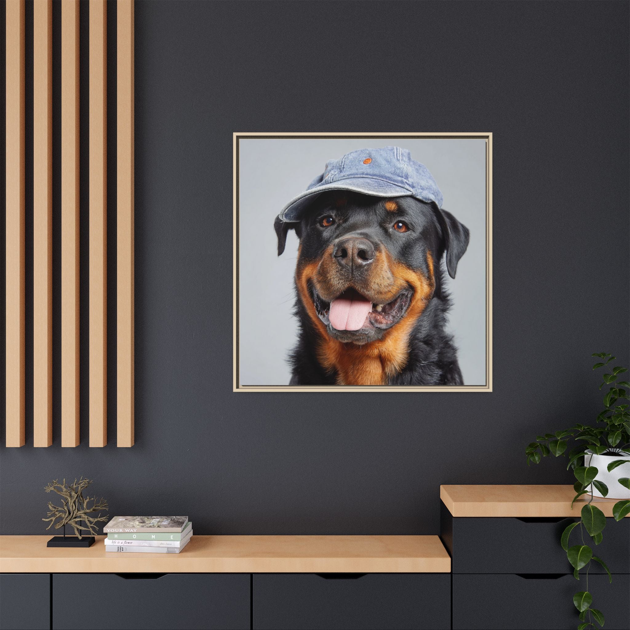 Whimsical Rottweiler Art - Denim Hat Dog Portrait