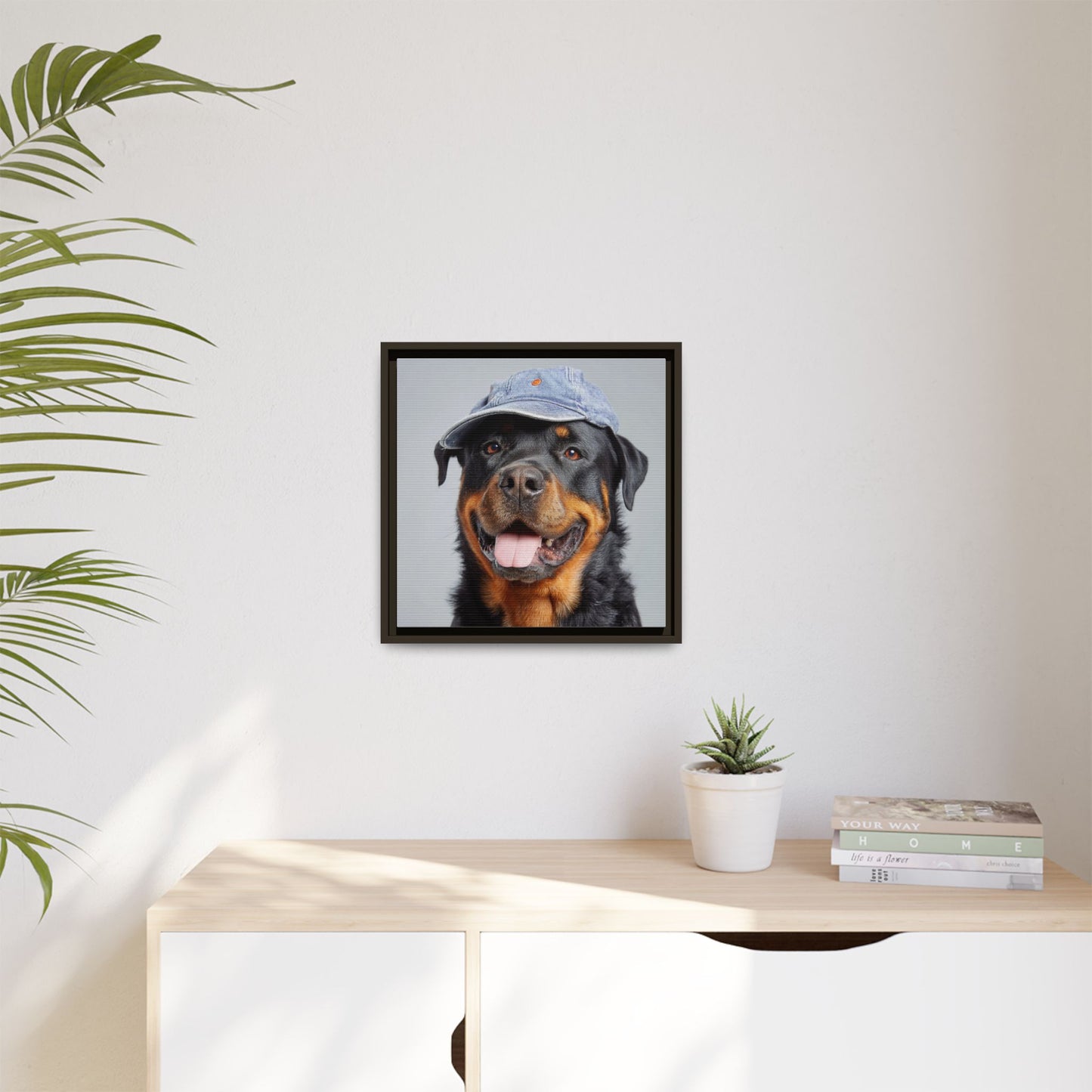 Playful Rottweiler Portrait | Dog Art in Denim Cap