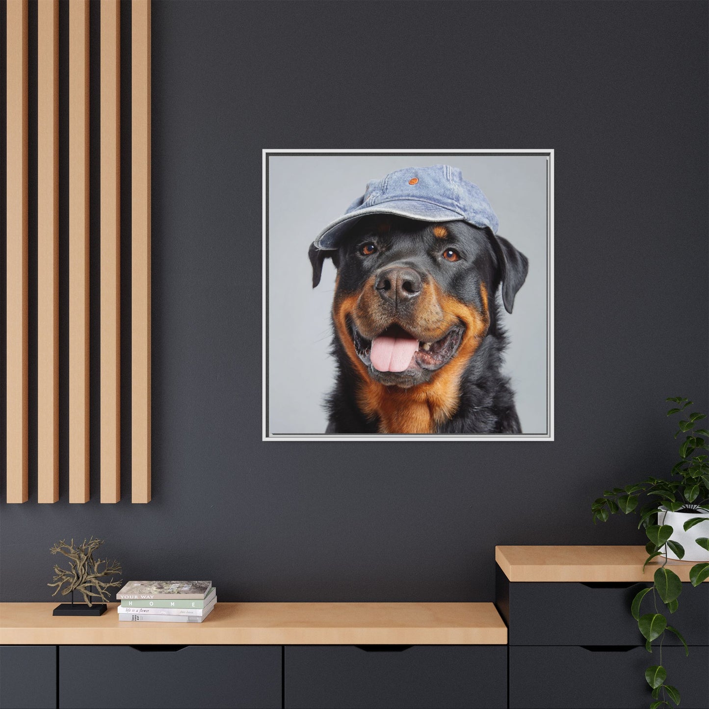 Whimsical Rottweiler Art - Denim Hat Dog Portrait