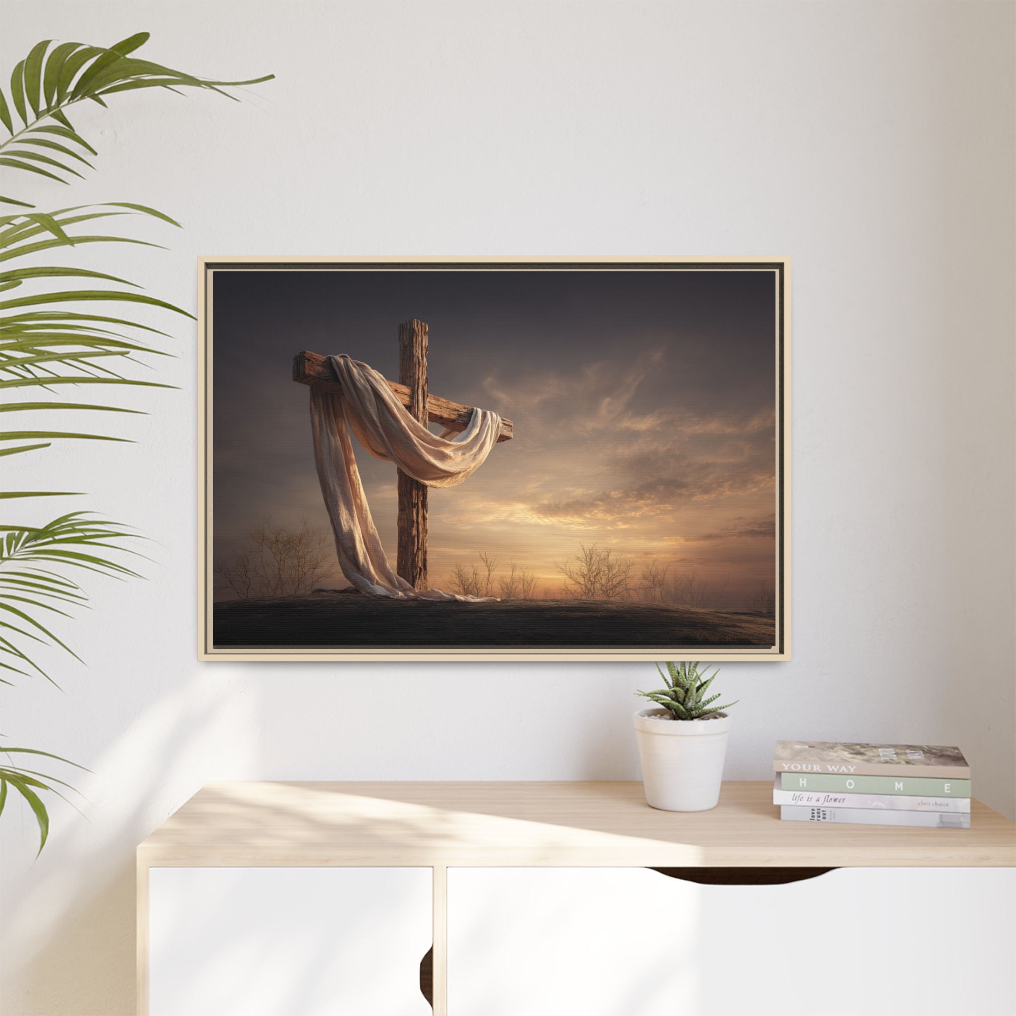 Rustic Cross Wall Art with Draped Fabric | Inspirational Decor