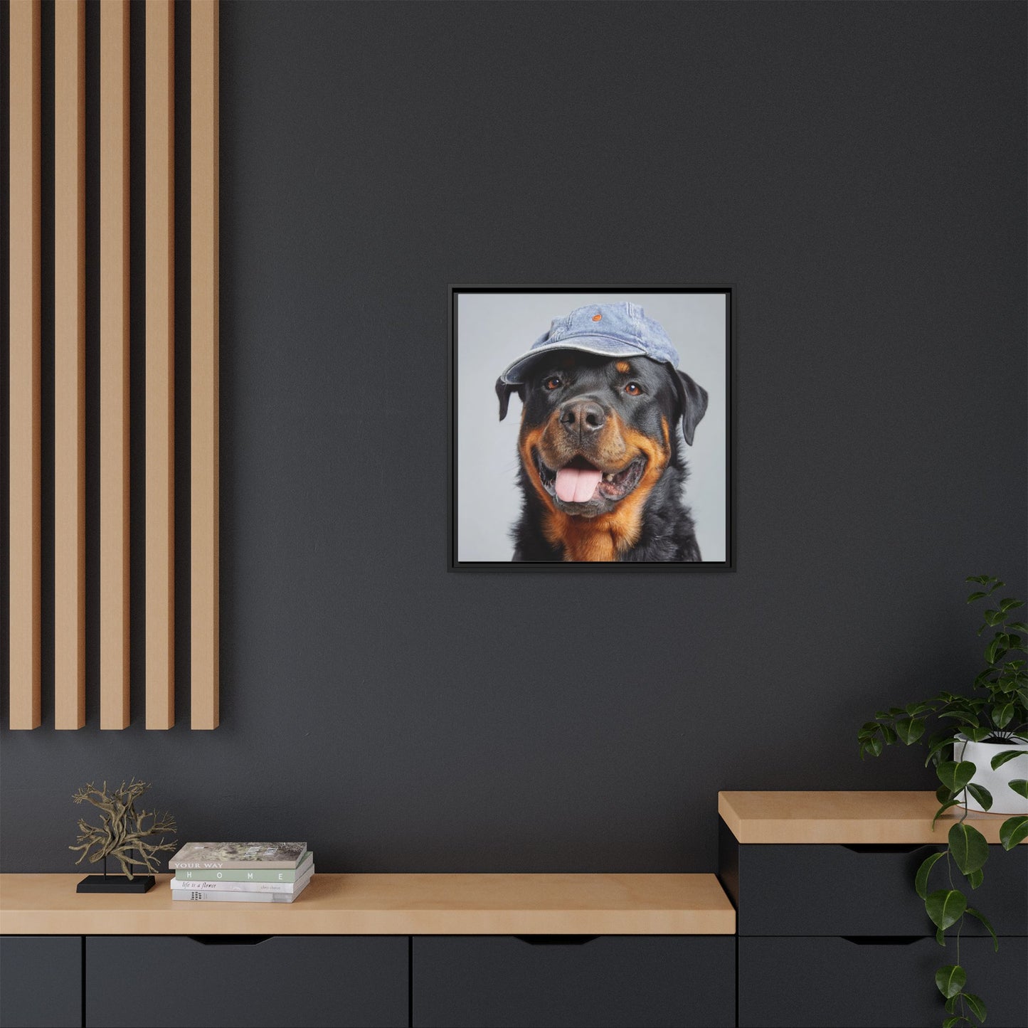Playful Rottweiler Portrait | Dog Art in Denim Cap