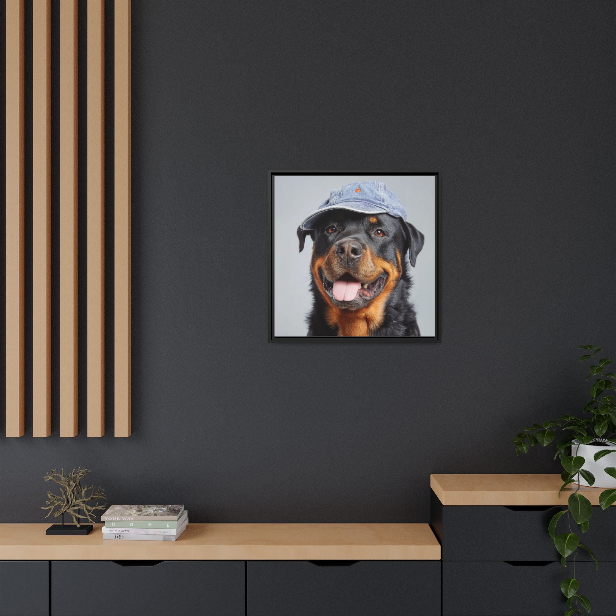 Playful Rottweiler Portrait | Dog Art in Denim Cap