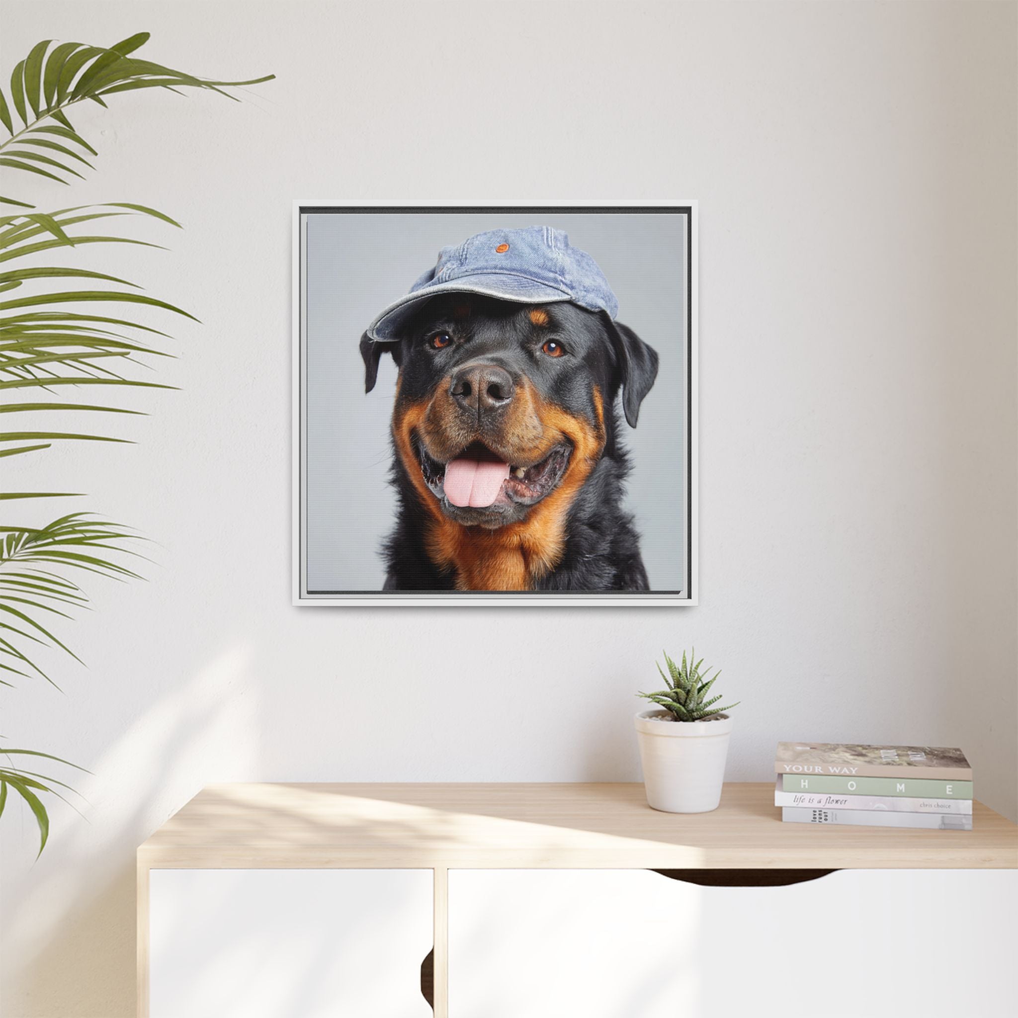 Playful Rottweiler Portrait | Dog Art in Denim Cap
