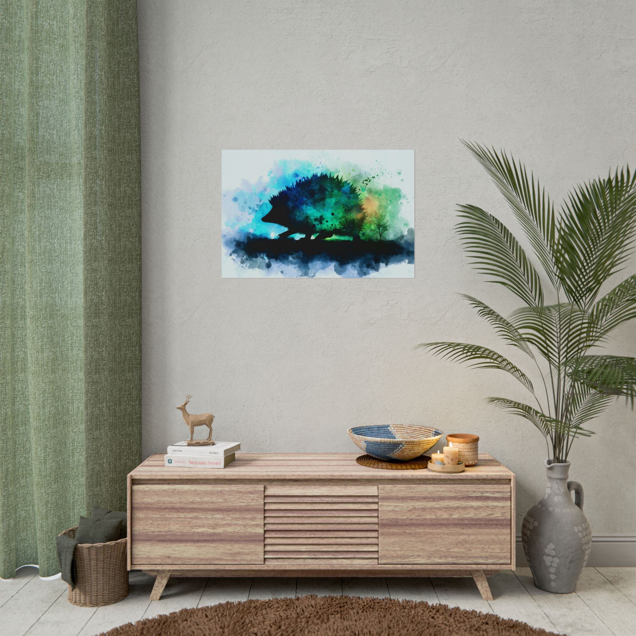 Hedgehog Silhouette Watercolor Art | Nature-Inspired Home Decor