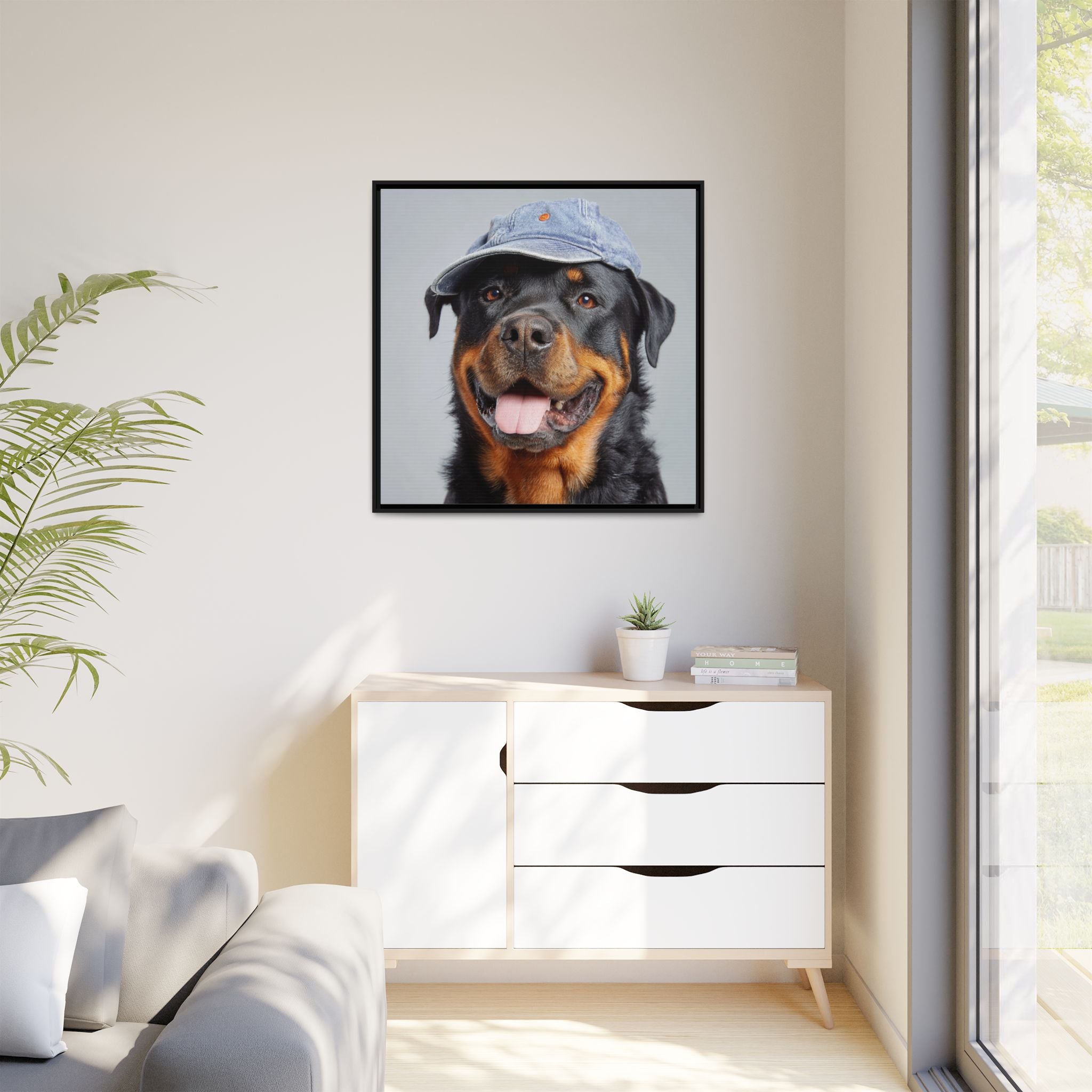 Whimsical Rottweiler Art - Denim Hat Dog Portrait