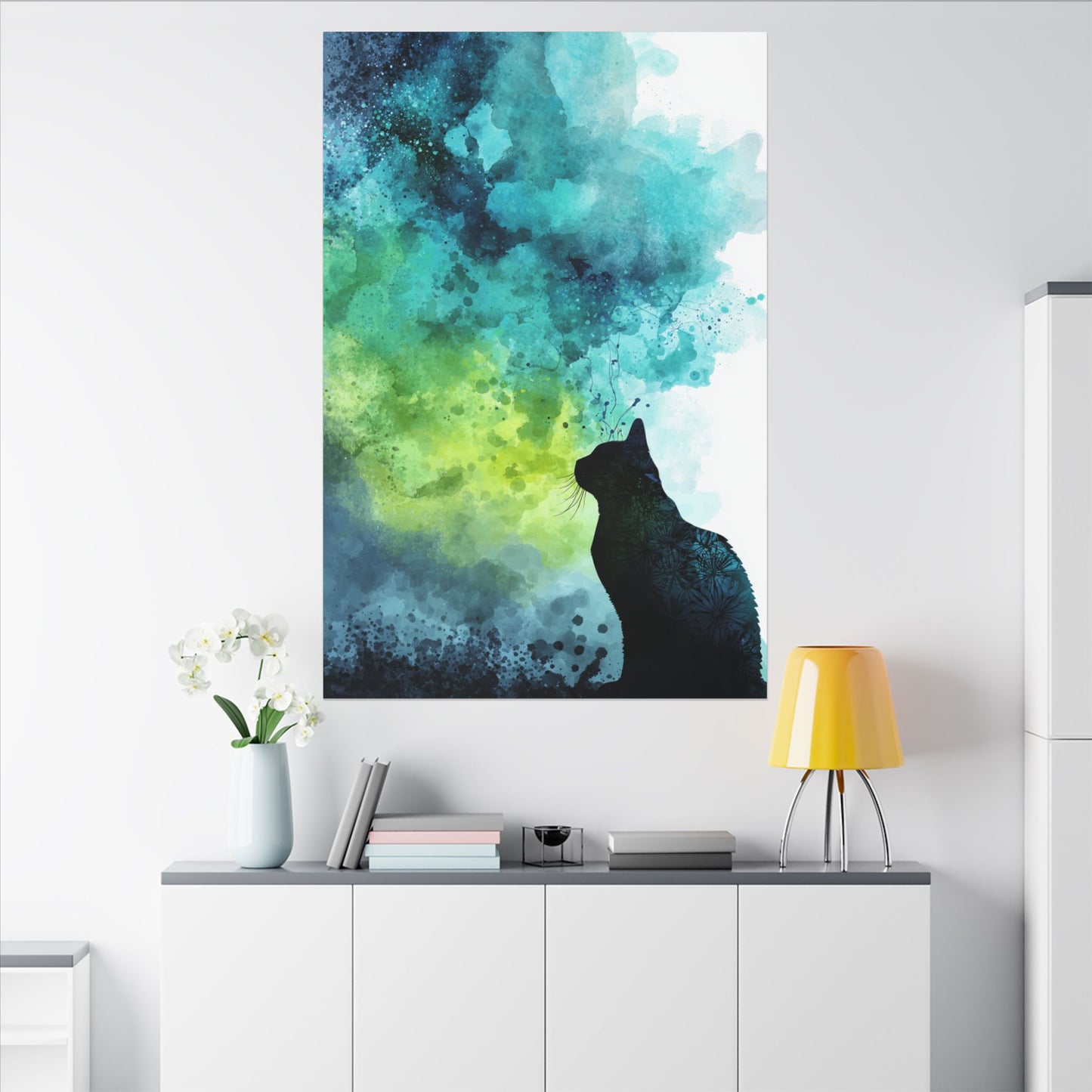 Whimsical Cat Silhouette Watercolor Artwork