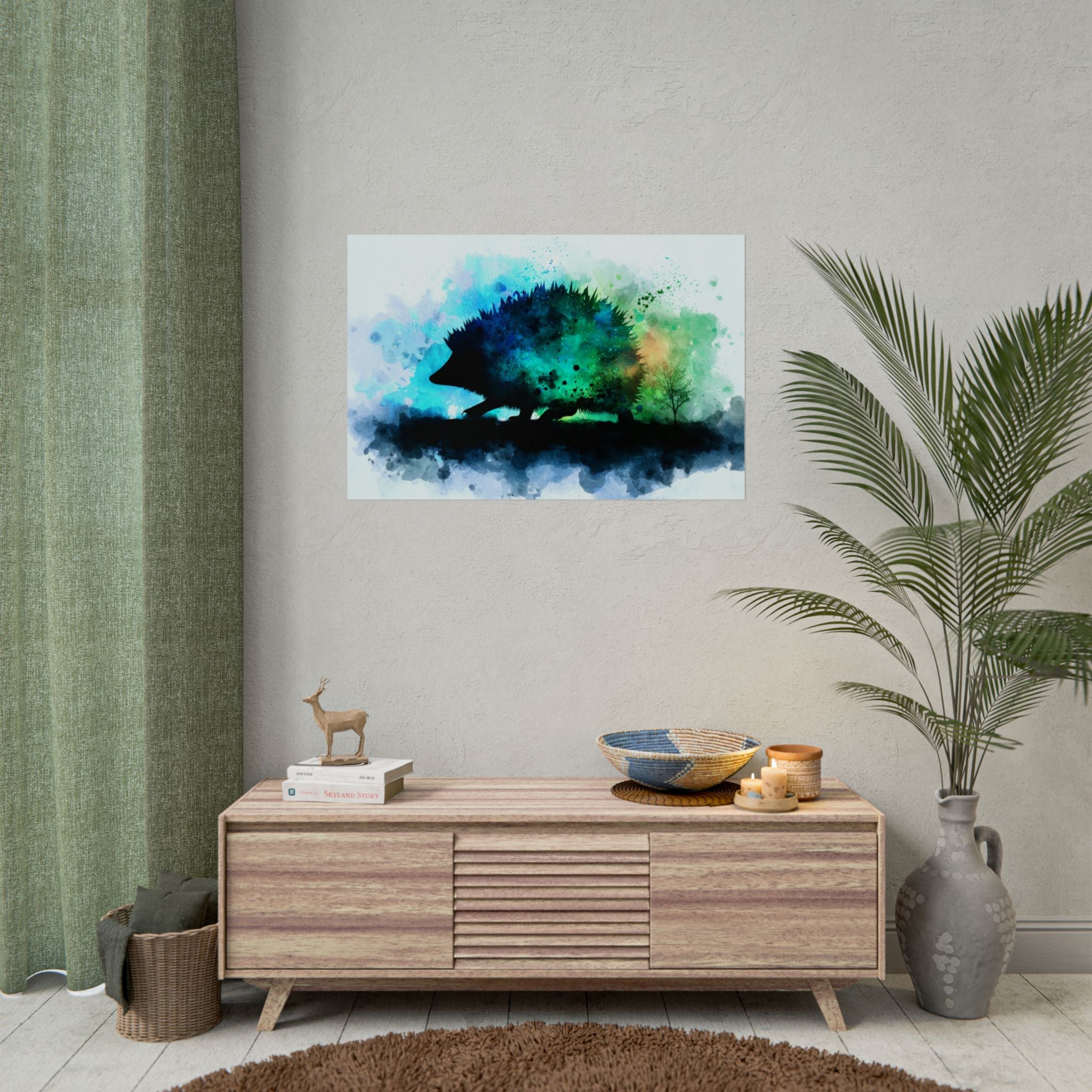 Hedgehog Silhouette Watercolor Art | Nature-Inspired Home Decor