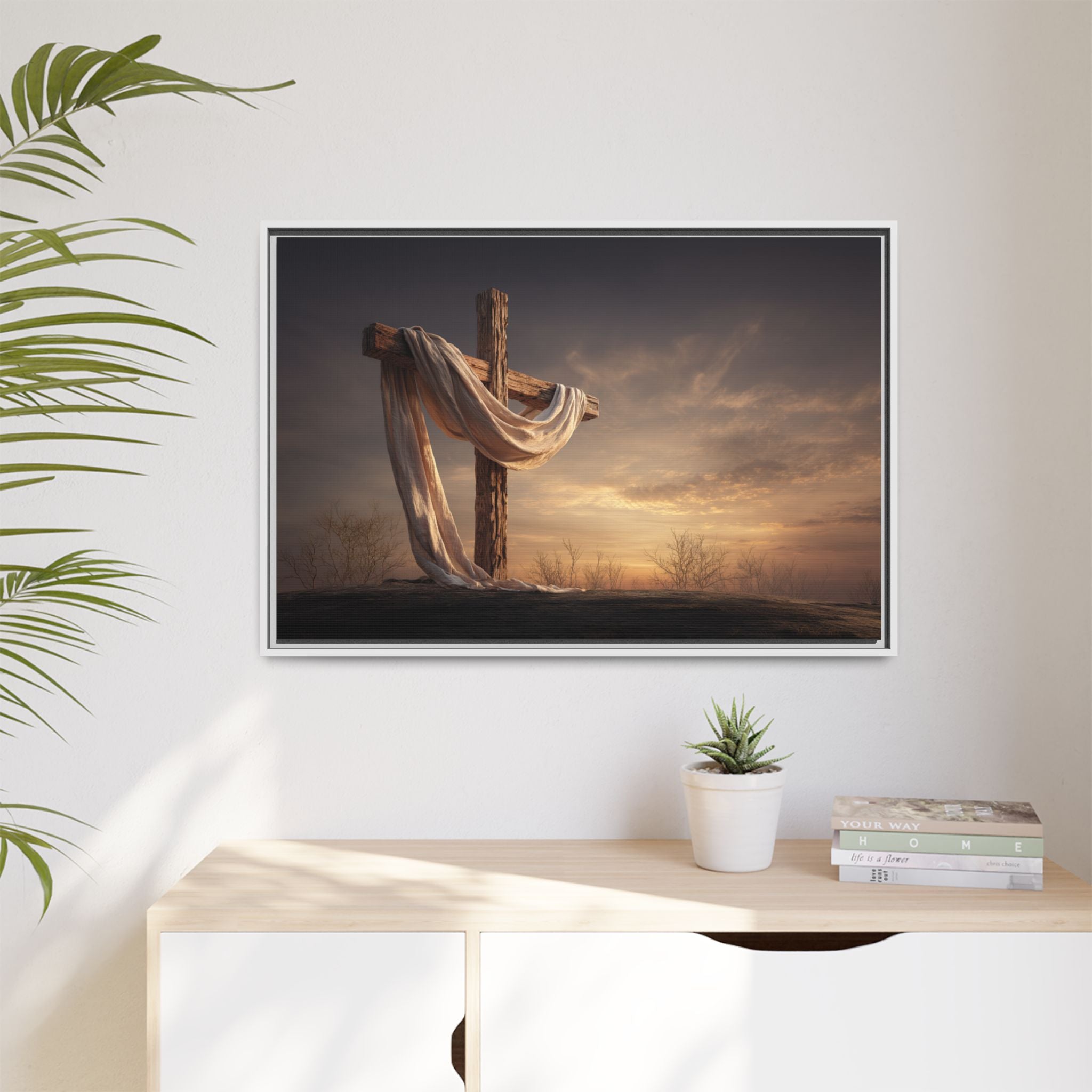 Rustic Cross Wall Art with Draped Fabric | Inspirational Decor
