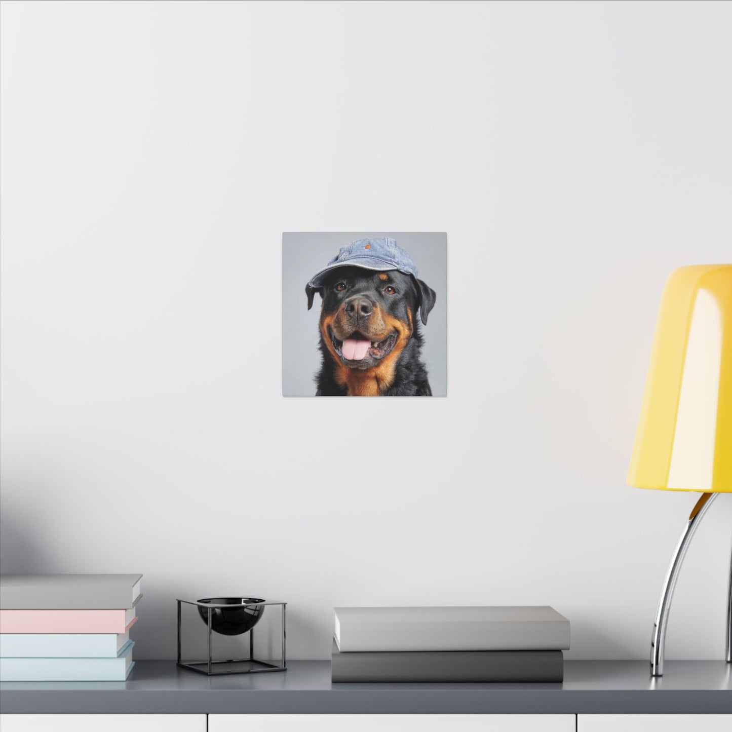 Playful Rottweiler Portrait | Dog Art in Denim Cap