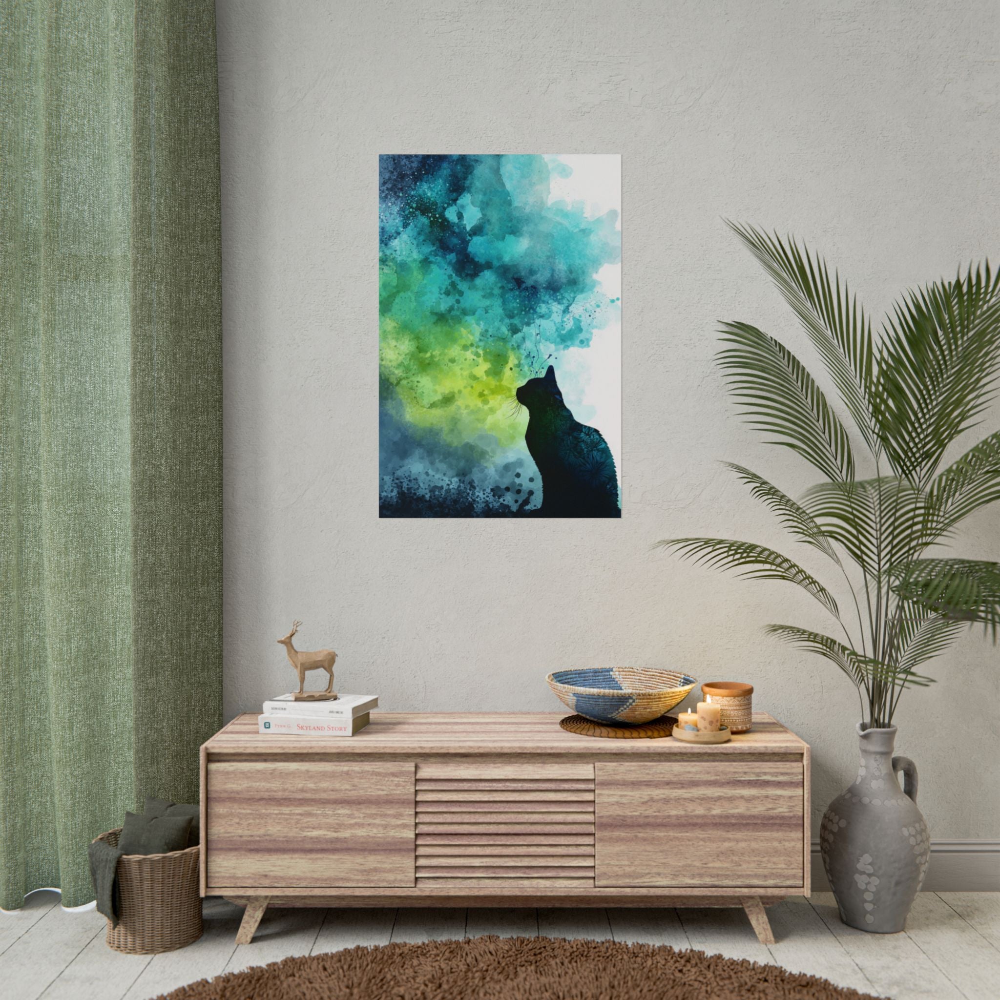 Whimsical Cat Silhouette Watercolor Artwork
