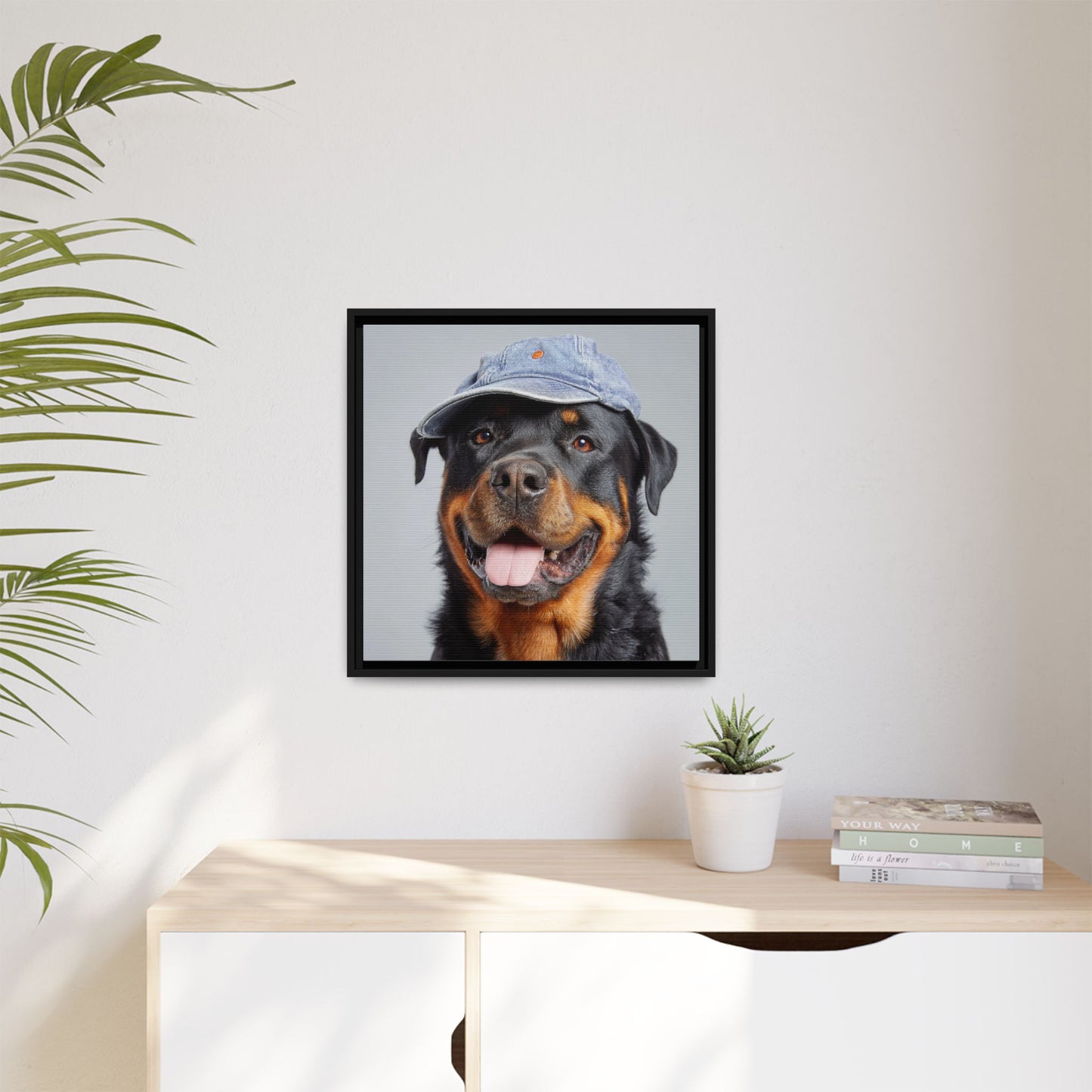 Playful Rottweiler Portrait | Dog Art in Denim Cap