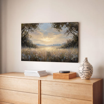 Sunlit Meadow Landscape Canvas Wall Art – styled room view 6