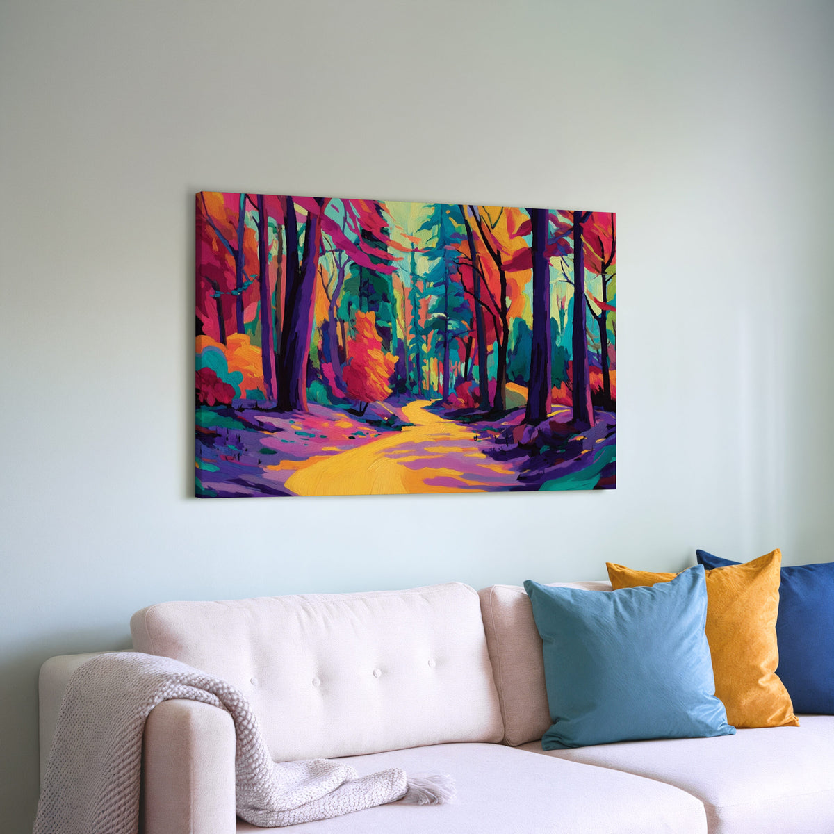 Colorful Forest Path Canvas Art – styled room view 6