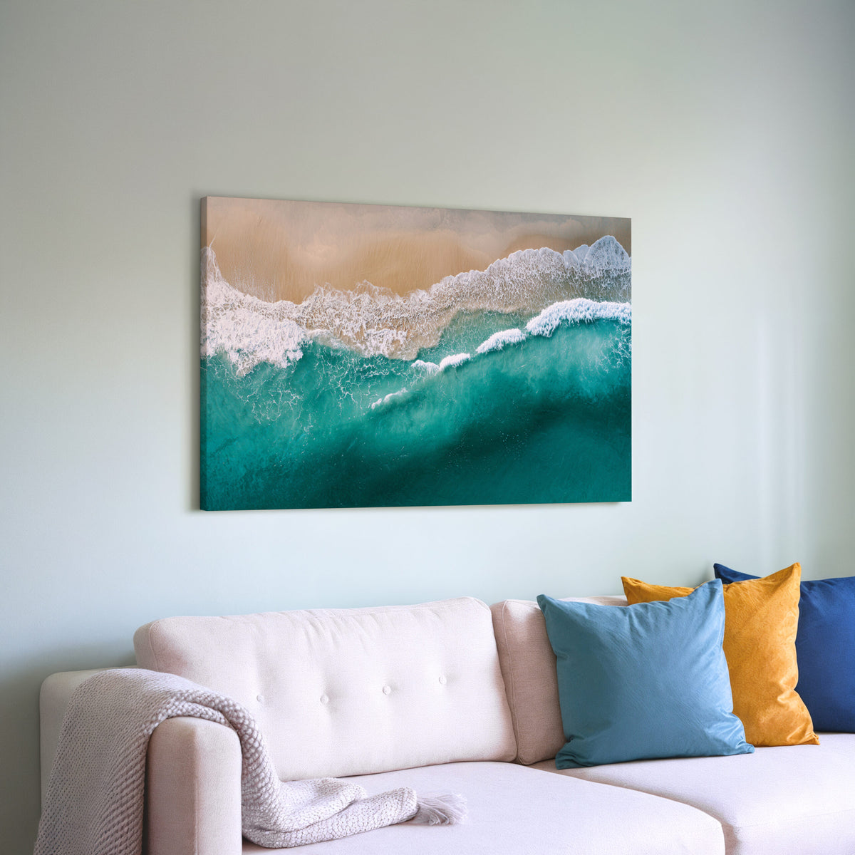 Aerial Ocean Waves Canvas Wall Art – styled room view 6