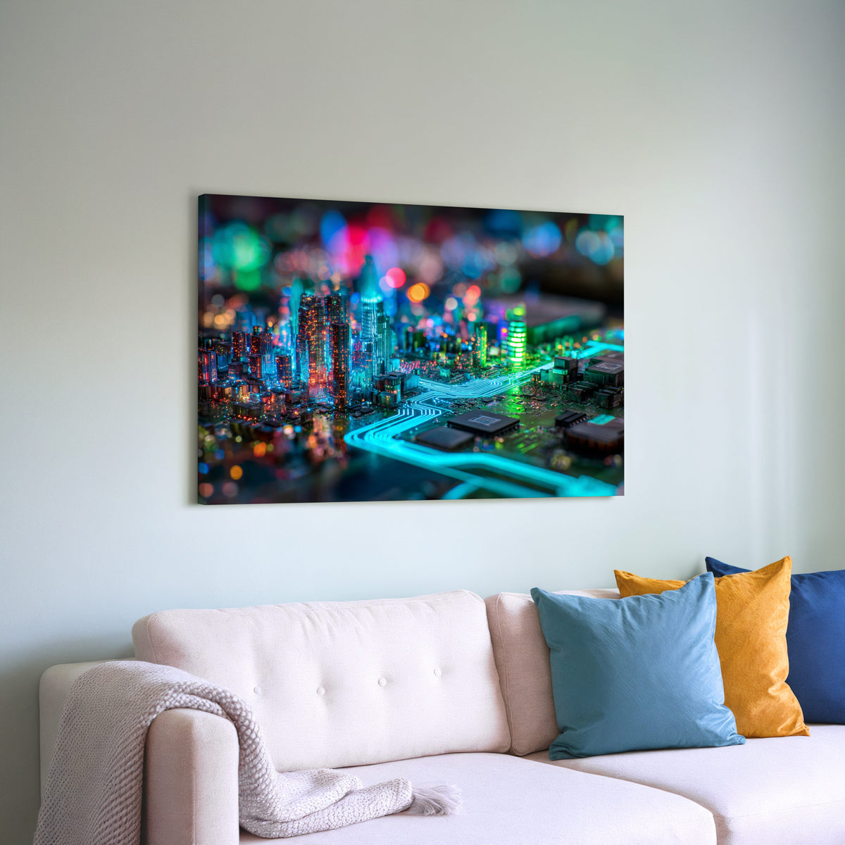 Cyberpunk Circuit Board Canvas Print – styled room view 5