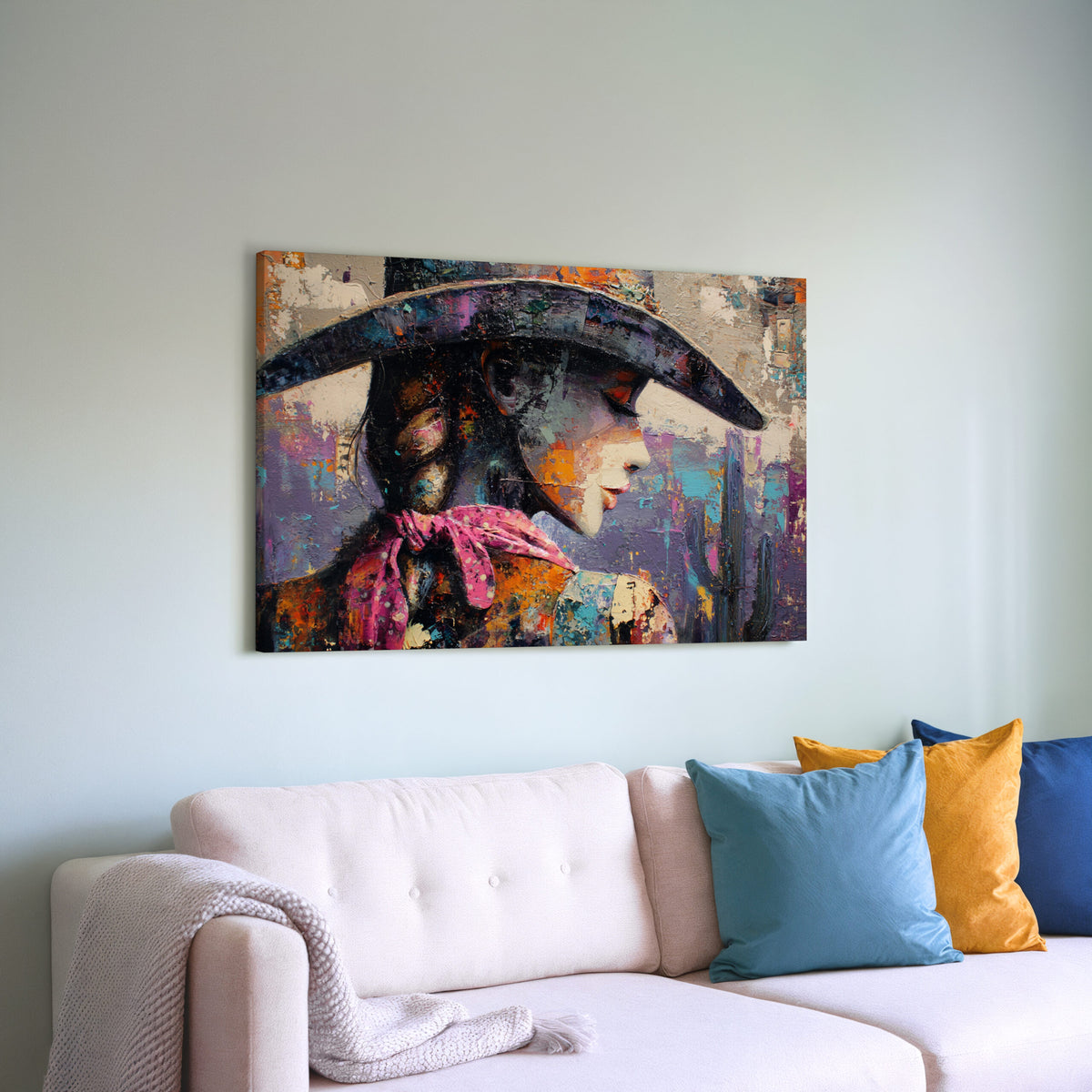 Abstract Western Cowgirl Canvas Print – styled room view 7