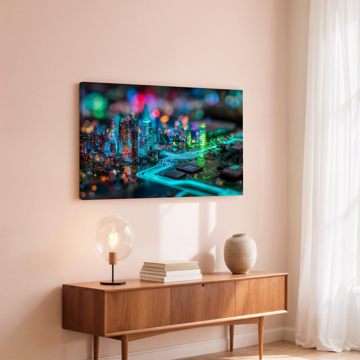 Cyberpunk Circuit Board Canvas Print – styled room view 6