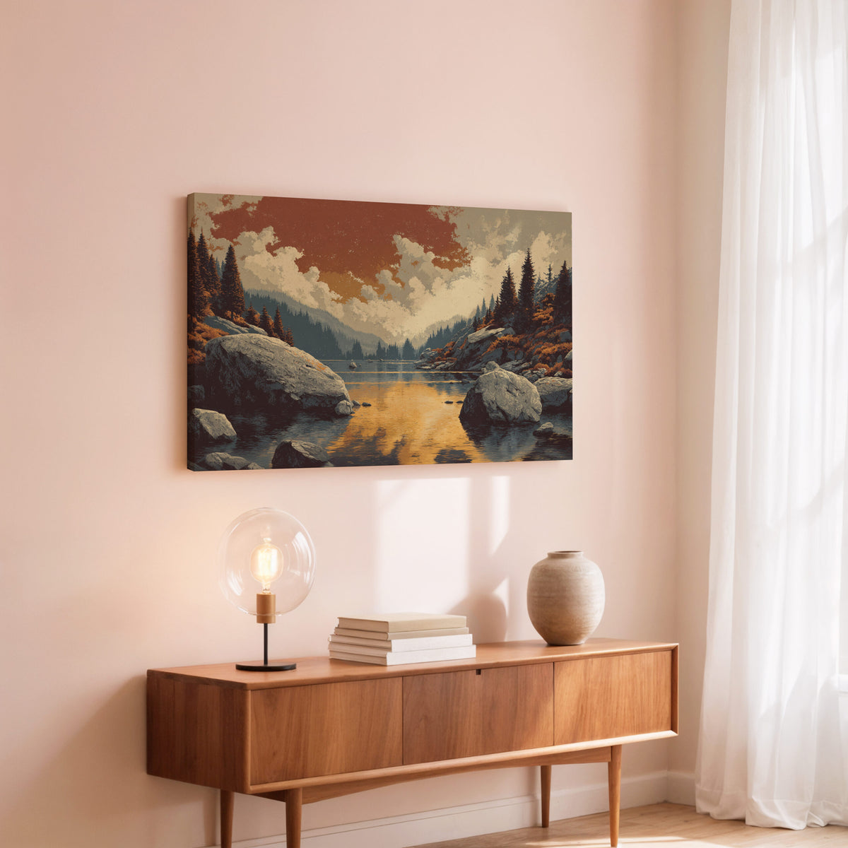 Mountain Lake Sunset Canvas Print – styled room view 6