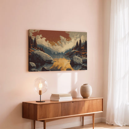 Mountain Lake Sunset Canvas Print – styled room view 6