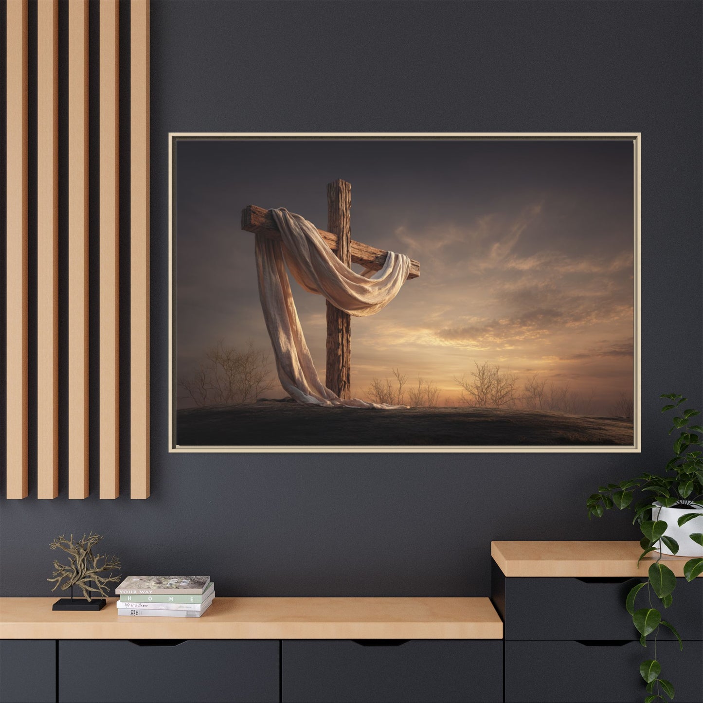 Rustic Cross Wall Art with Draped Fabric | Inspirational Decor