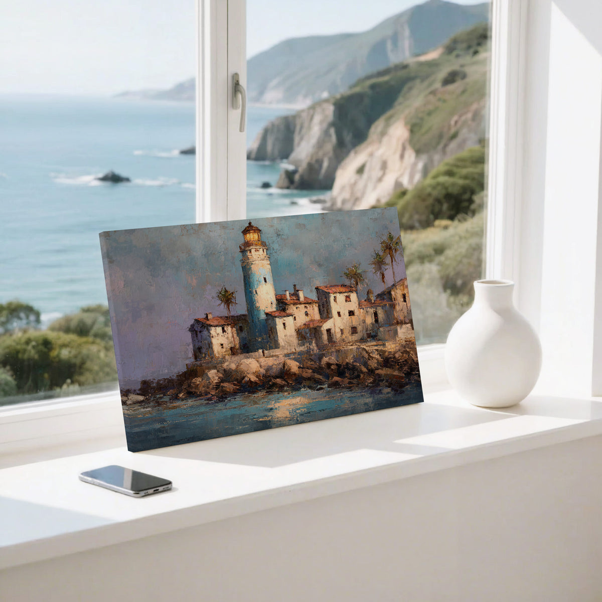 Santa Marta Lighthouse Oil Painting – styled room view 7