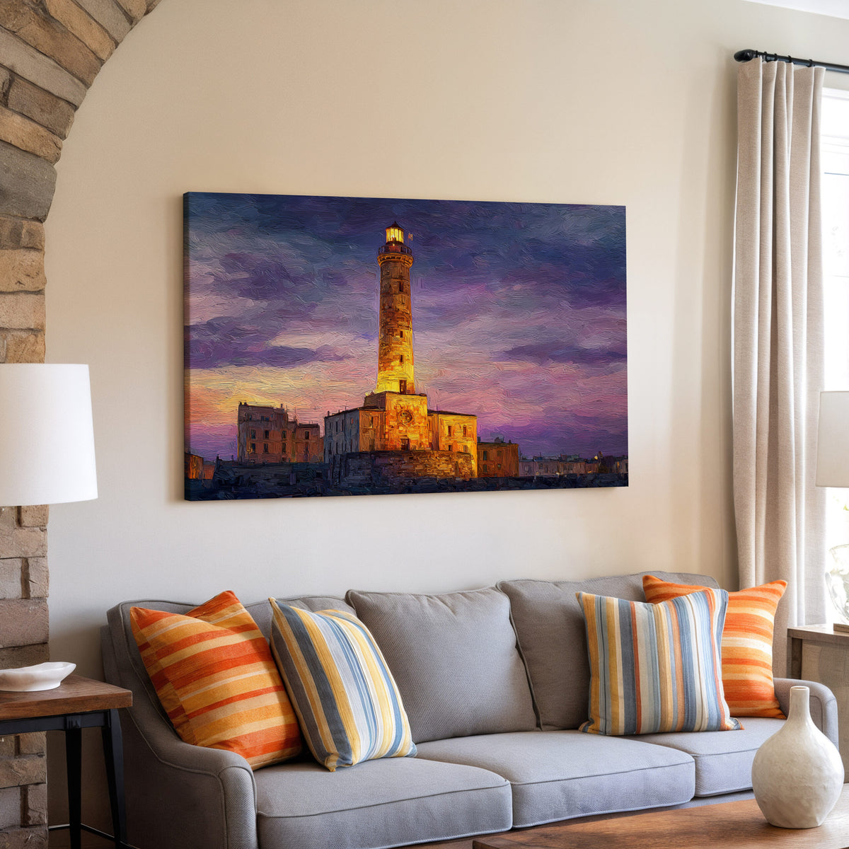 Lighthouse of Genoa Canvas Wall Art – styled room view 6