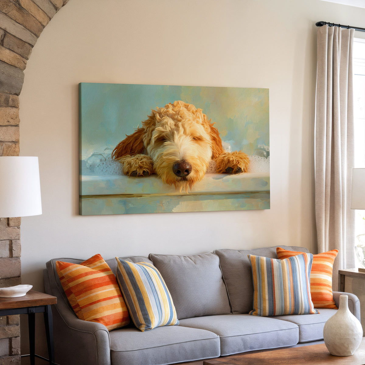 Goldendoodle Bath Time Canvas Print – styled room view 7