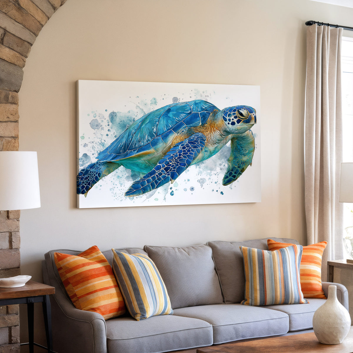 Blue Sea Turtle Watercolor Canvas Print – styled room view 6